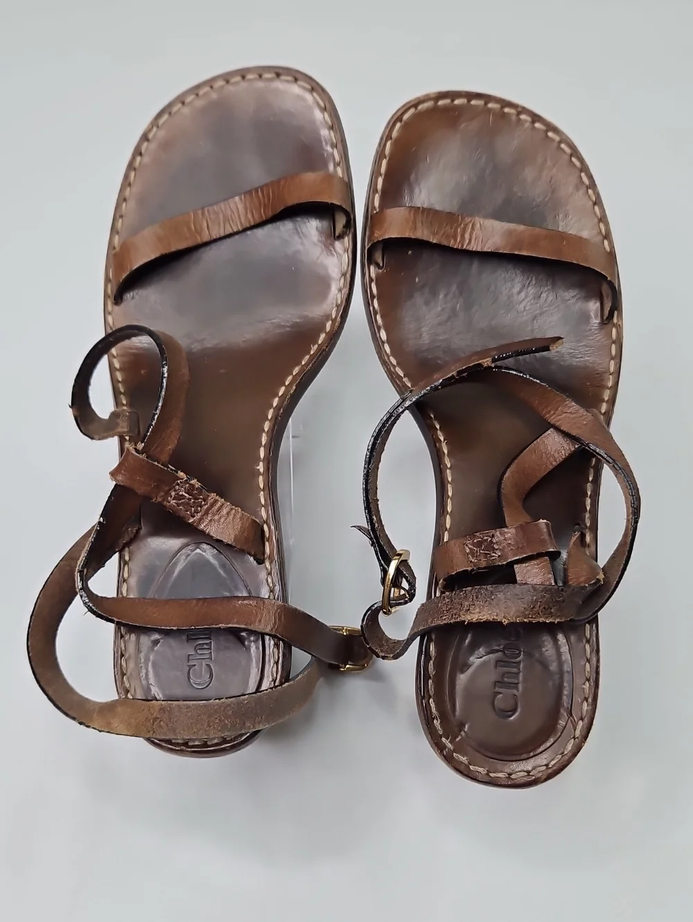 Chloe Brown Leather Strappy Gold Block Sandals Size 39.5